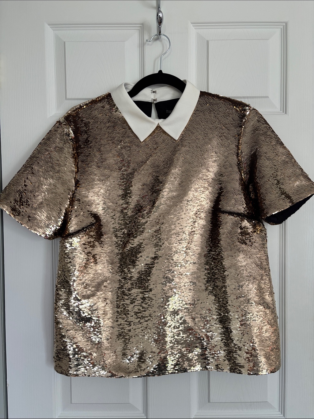 Rachel Zoe Metallic Gold Sequin Top With White Collar
